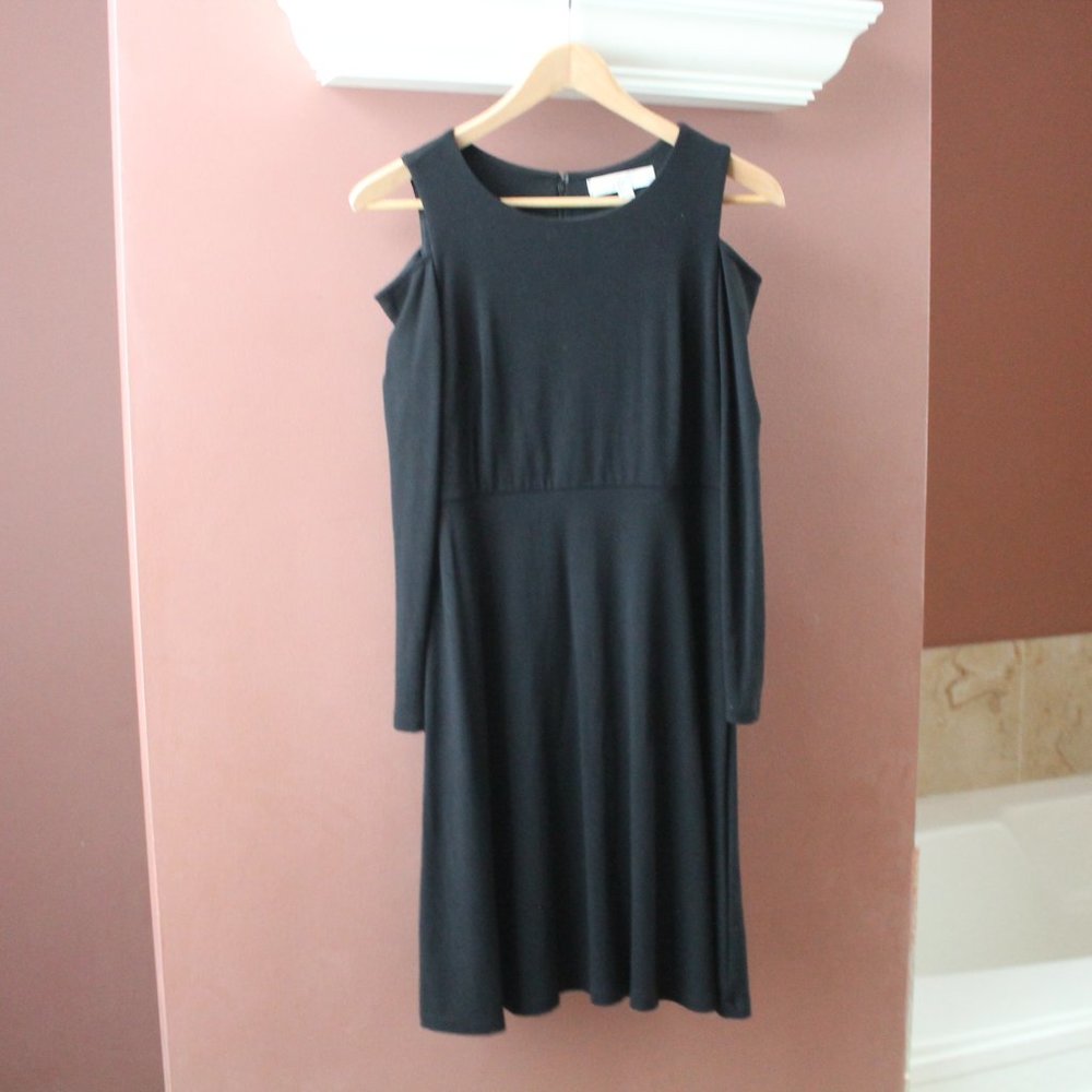 Loft Little Black Cold Shoulder Cutout Dress Rayon Stretch Sz 2P Long Sleeve